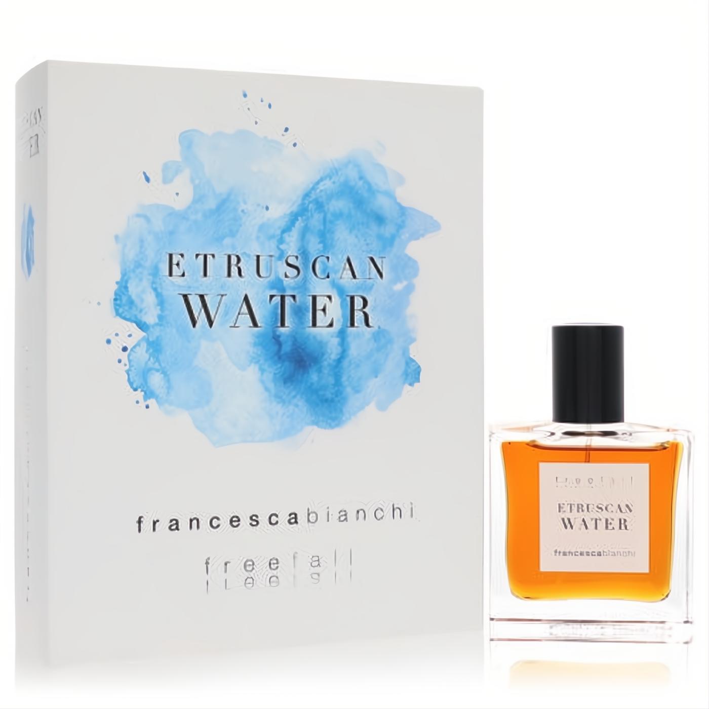 Francesca Bianchi Etruscan Water 1 oz Extrait De Parfum. Elegant white box, blue splash art, clear bottle with amber liquid, black cap.