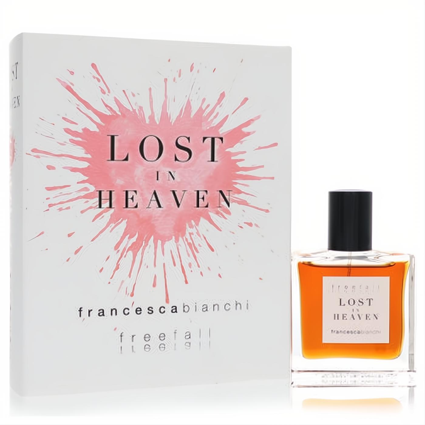 Francesca Bianchi Lost in Heaven 1 oz extrait de parfum. Amber liquid in a chic bottle, with its striking white box and pink splatter design.