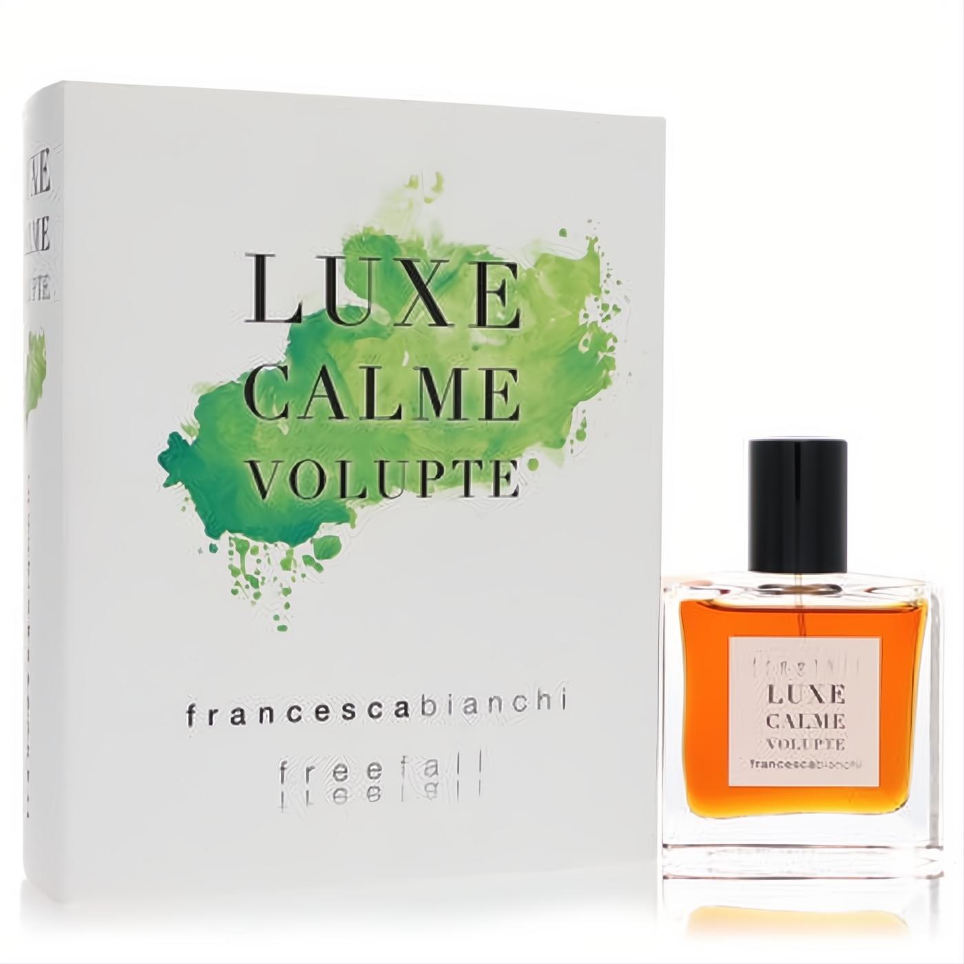 Francesca Bianchi Luxe Calme Volupte extrait de parfum. Elegant clear bottle with amber liquid, black cap, and white box with vibrant green art.