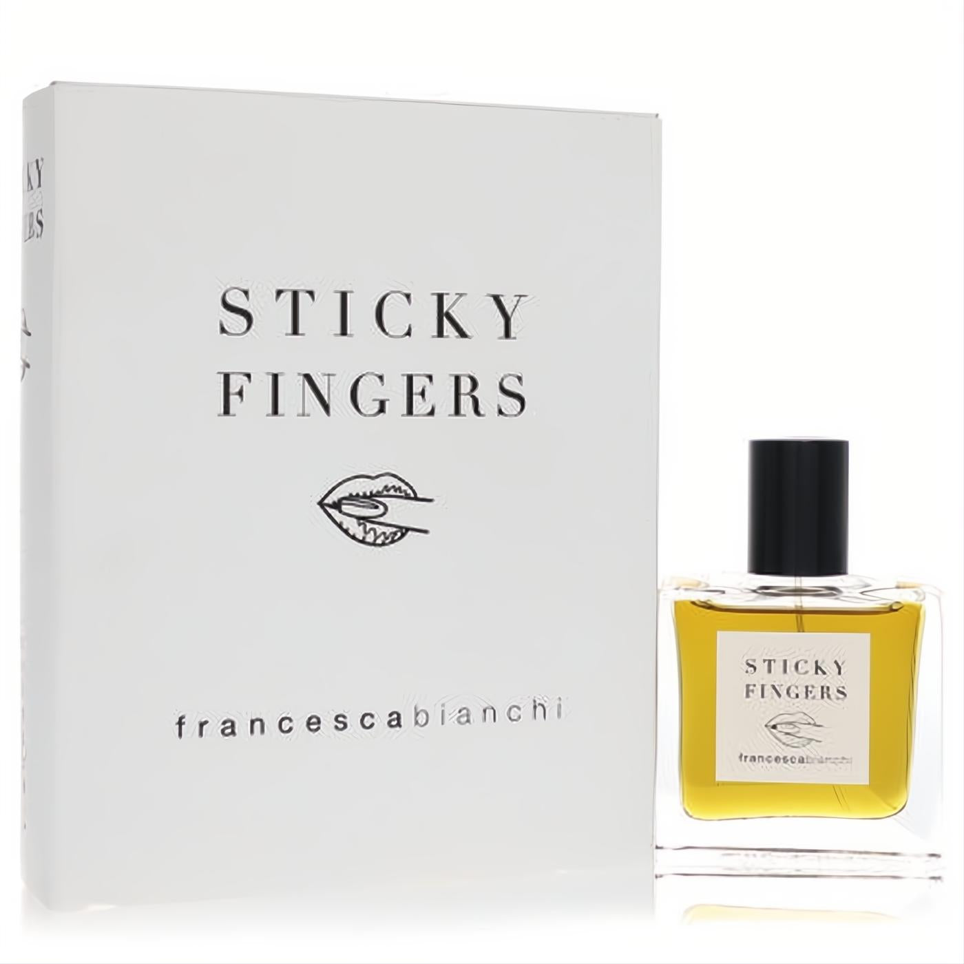 Francesca Bianchi Sticky Fingers 1 oz unisex extrait de parfum. Golden amber liquid in a sleek glass bottle with a matching white box.