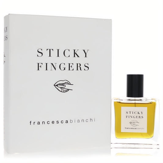 Francesca Bianchi Sticky Fingers 1 oz unisex extrait de parfum. Golden amber liquid in a sleek glass bottle with a matching white box.