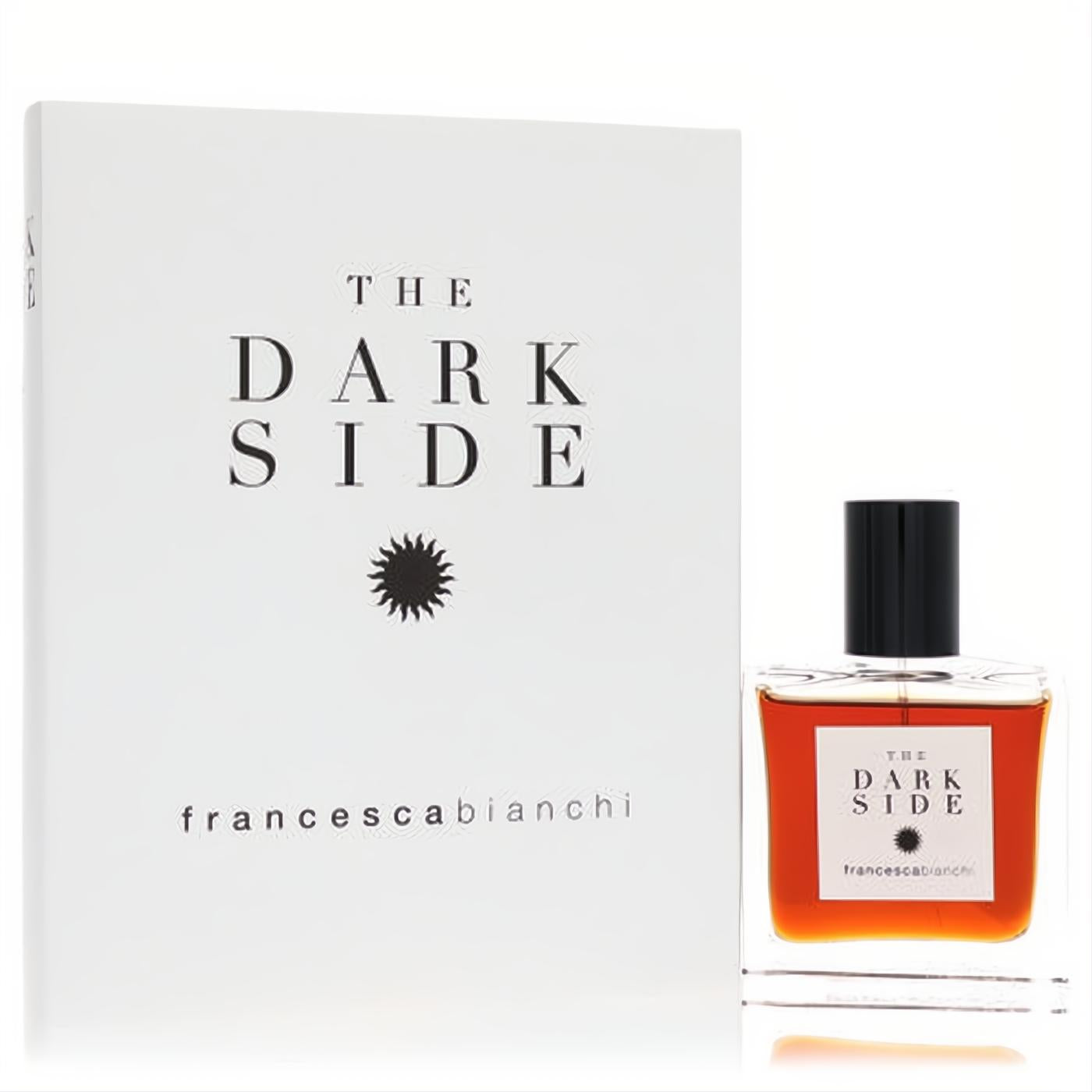 Experience Francesca Bianchi The Dark Side 1 oz unisex extrait de parfum. Sleek glass bottle with rich amber liquid and elegant white box.