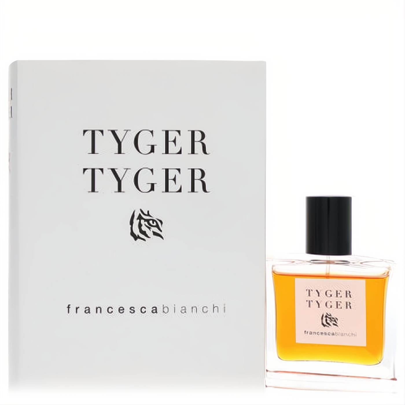 Francesca Bianchi Tyger Tyger 1 oz Extrait De Parfum. Elegant white box, clear bottle with rich amber unisex fragrance.