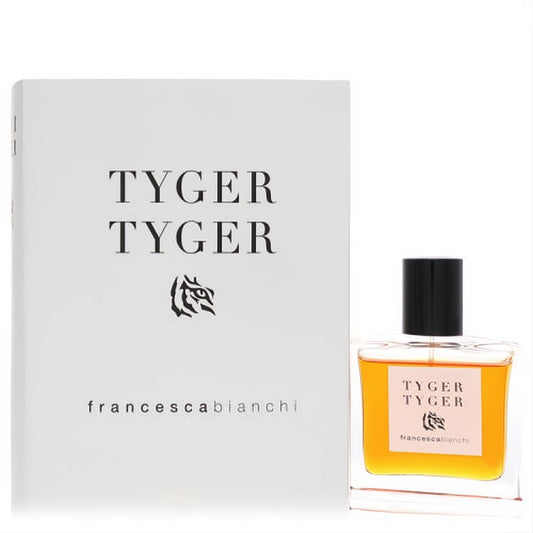 Francesca Bianchi Tyger Tyger 1 oz Extrait De Parfum. Elegant white box, clear bottle with rich amber unisex fragrance.