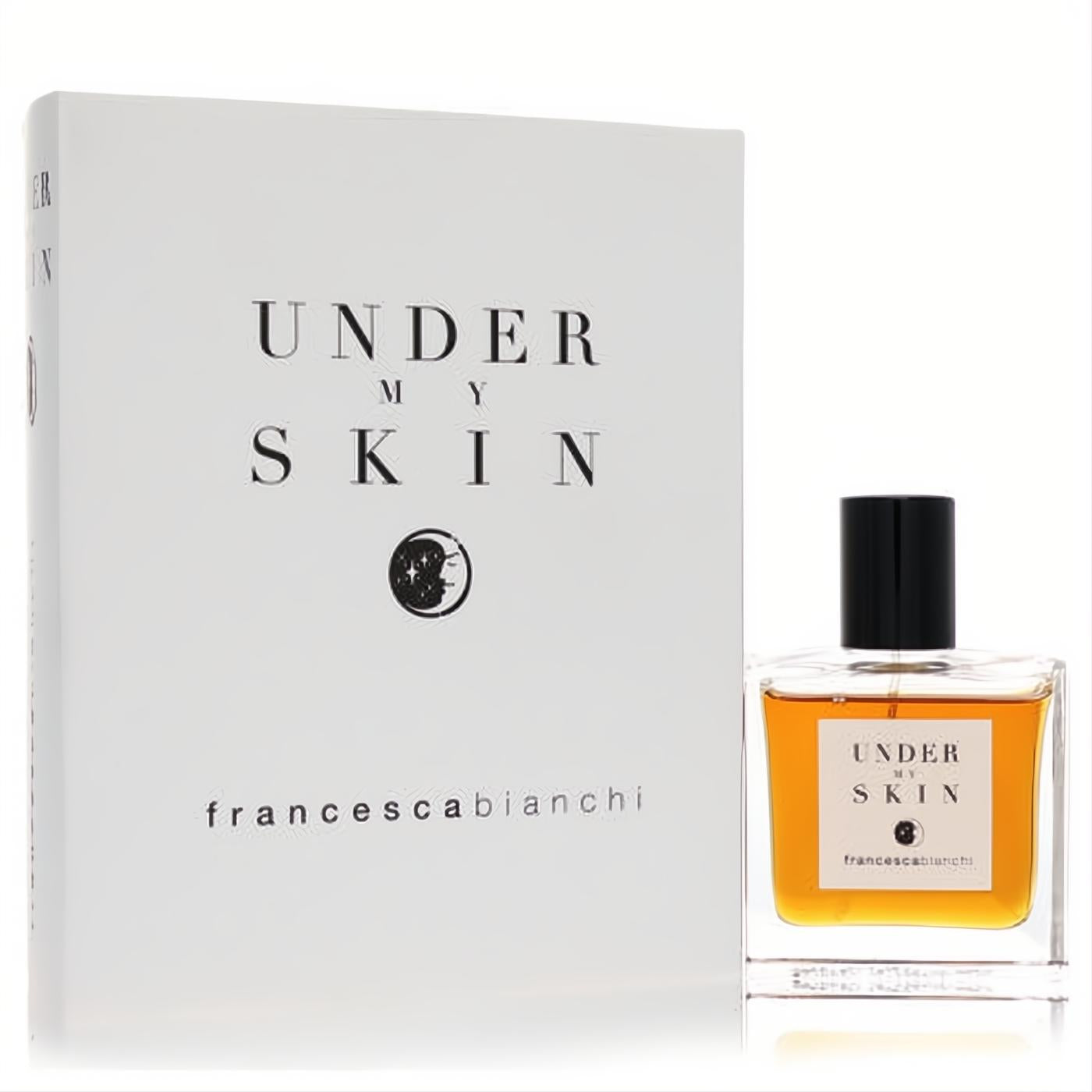 Francesca Bianchi Under My Skin 1 oz unisex extrait de parfum. Amber liquid in clear bottle with black cap, elegant white box.