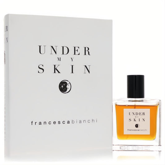 Francesca Bianchi Under My Skin 1 oz unisex extrait de parfum. Amber liquid in clear bottle with black cap, elegant white box.