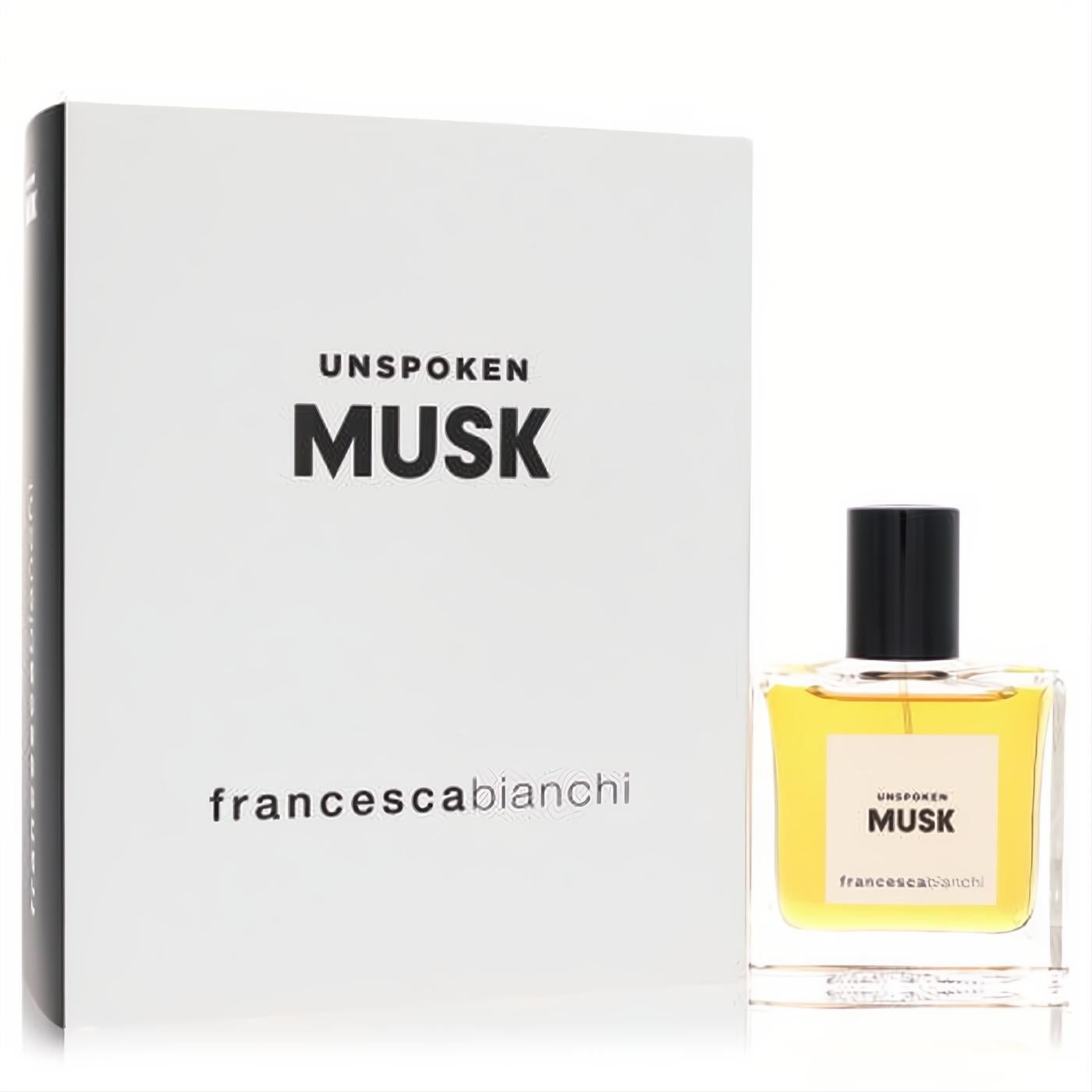 Francesca Bianchi Unspoken Musk 1 oz Extrait De Parfum. Elegant clear glass bottle with captivating amber liquid and minimalist white box.