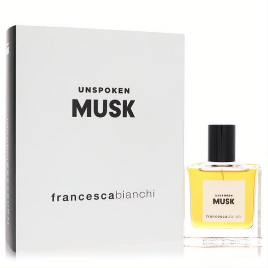 Francesca Bianchi Unspoken Musk 1 oz Extrait De Parfum. Elegant clear glass bottle with captivating amber liquid and minimalist white box.