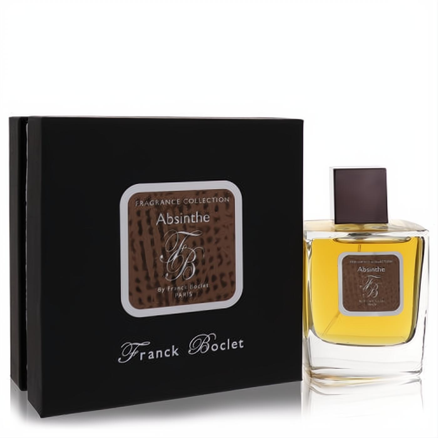 Franck Boclet Absinthe 3.4 oz unisex Eau De Parfum. Clear glass bottle with amber liquid, dark cap, and elegant black box.
