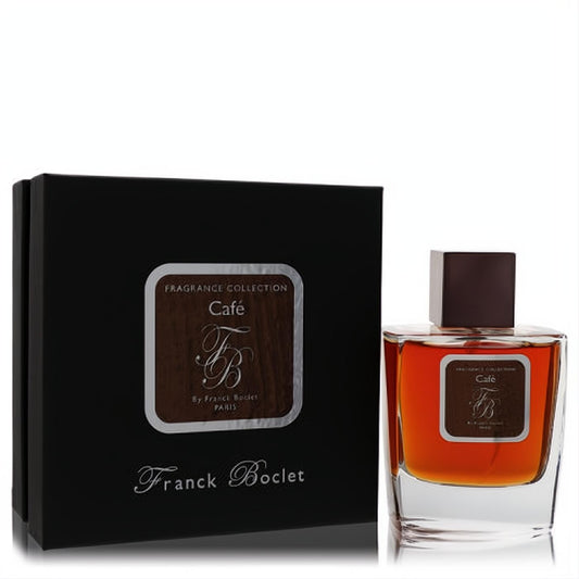 Franck Boclet Cafe unisex fragrance: elegant clear glass bottle with rich amber liquid, dark cap, and sophisticated black box.