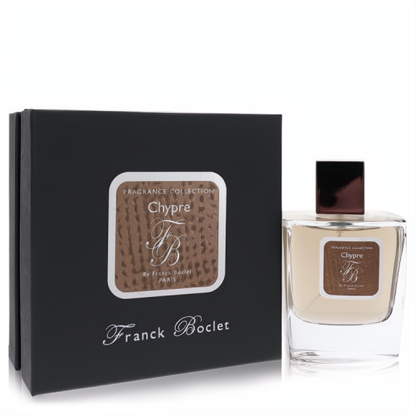 Franck Boclet Chypre 3.4 oz Eau De Parfum. Elegant clear glass bottle with amber liquid, bronze cap, and black gift box.