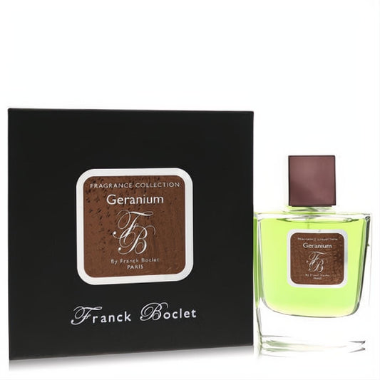 Franck Boclet Geranium unisex EDP spray. Clear bottle with vibrant green liquid, dark brown cap, and elegant black box.