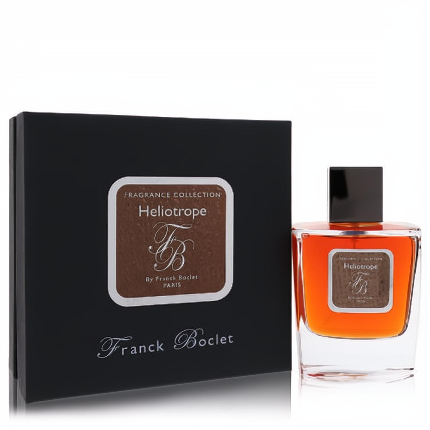 Franck Boclet Heliotrope 3.4 oz EDP, a rich amber fragrance in a sleek clear bottle with black cap and elegant black presentation box.