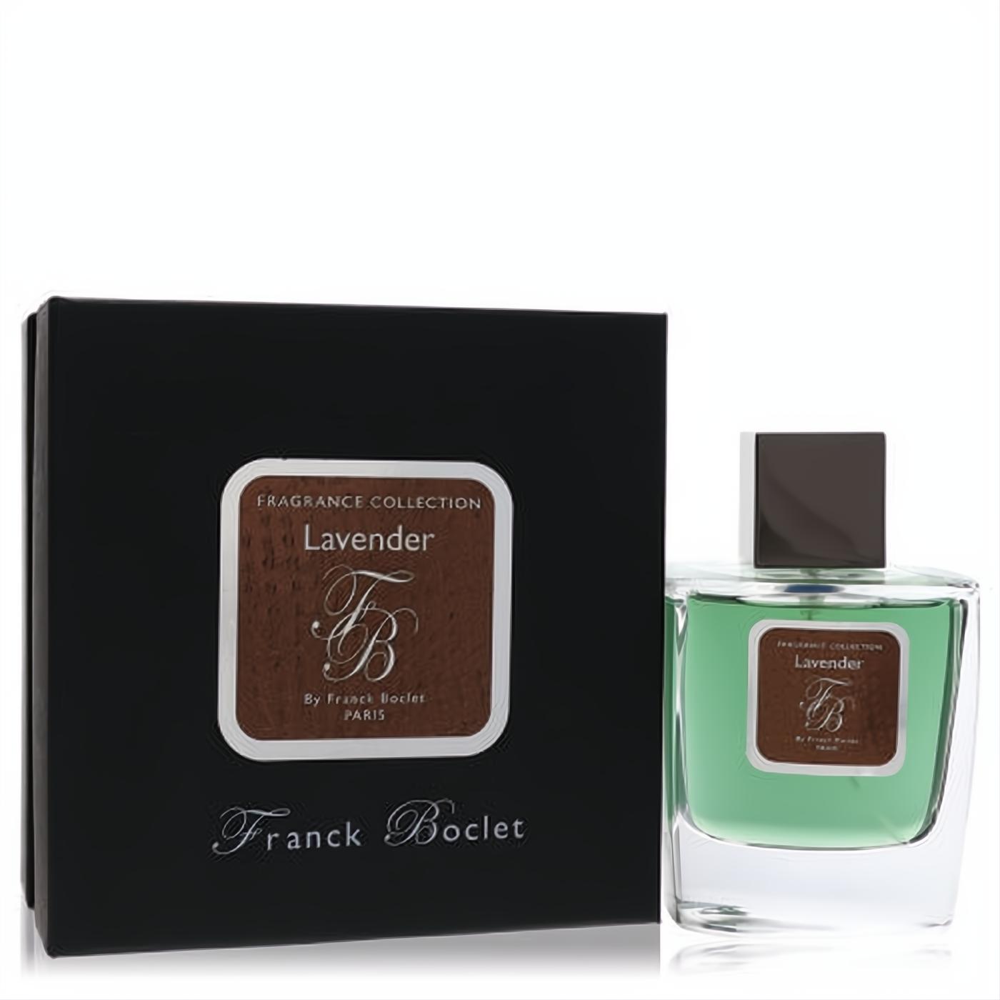 Elegant Franck Boclet Lavender unisex Eau De Parfum. Clear glass bottle with vibrant green liquid, dark cap, and branded black box.