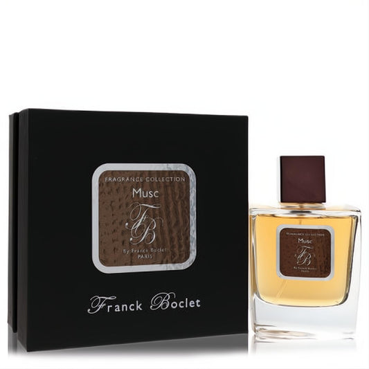 Franck Boclet Musc unisex EDP in an elegant clear glass bottle with amber liquid, dark cap, and black box featuring the FB logo.