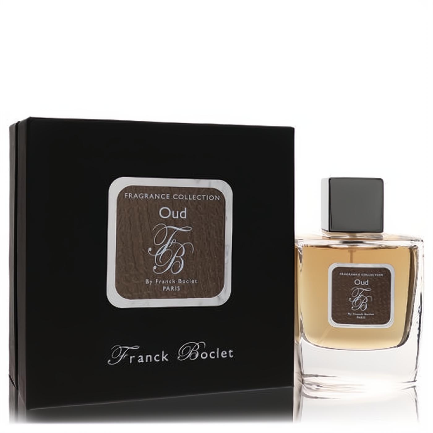 Masculine Franck Boclet Oud 3.4 oz Eau De Parfum. Clear glass bottle with amber liquid, black cap, and elegant black box.