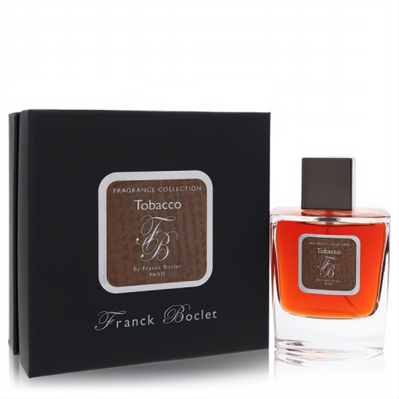 Franck Boclet Tobacco Eau De Parfum: luxurious amber liquid in a clear glass bottle with a dark cap, displayed with its sophisticated black box.