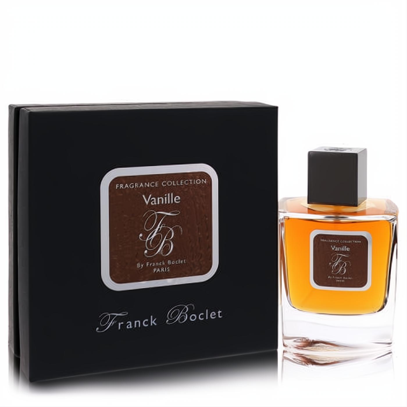 Franck Boclet Vanille 3.4 oz unisex EDP spray. Elegant clear glass bottle with amber liquid and black cap, beside its sleek black box.