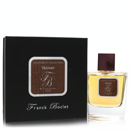 Franck Boclet Vetiver unisex EDP spray in a sleek clear glass bottle with amber liquid, dark brown cap, and elegant black presentation box.
