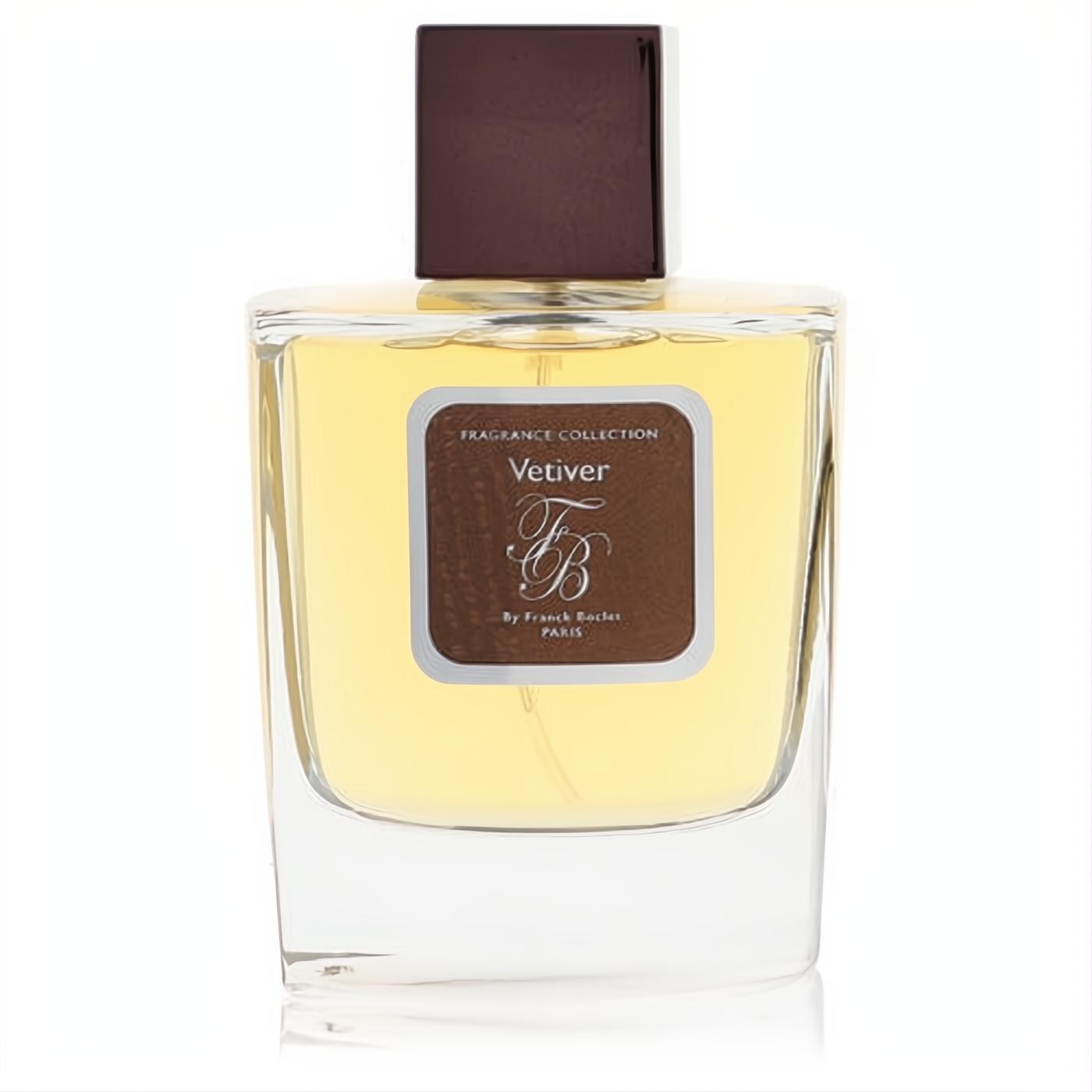 Sophisticated Franck Boclet Vetiver 3.3 oz unisex Eau De Parfum. Clear glass bottle, golden liquid, and a dark brown cap.