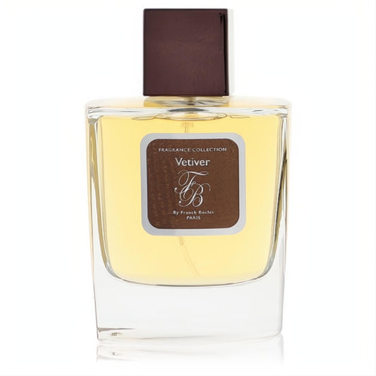Sophisticated Franck Boclet Vetiver 3.3 oz unisex Eau De Parfum. Clear glass bottle, golden liquid, and a dark brown cap.