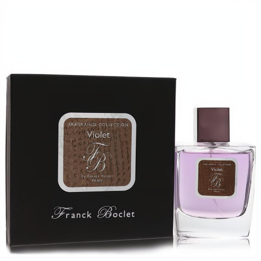 Franck Boclet Violet unisex Eau De Parfum spray. Clear glass bottle with captivating purple liquid, displayed with its sophisticated black and brown box.