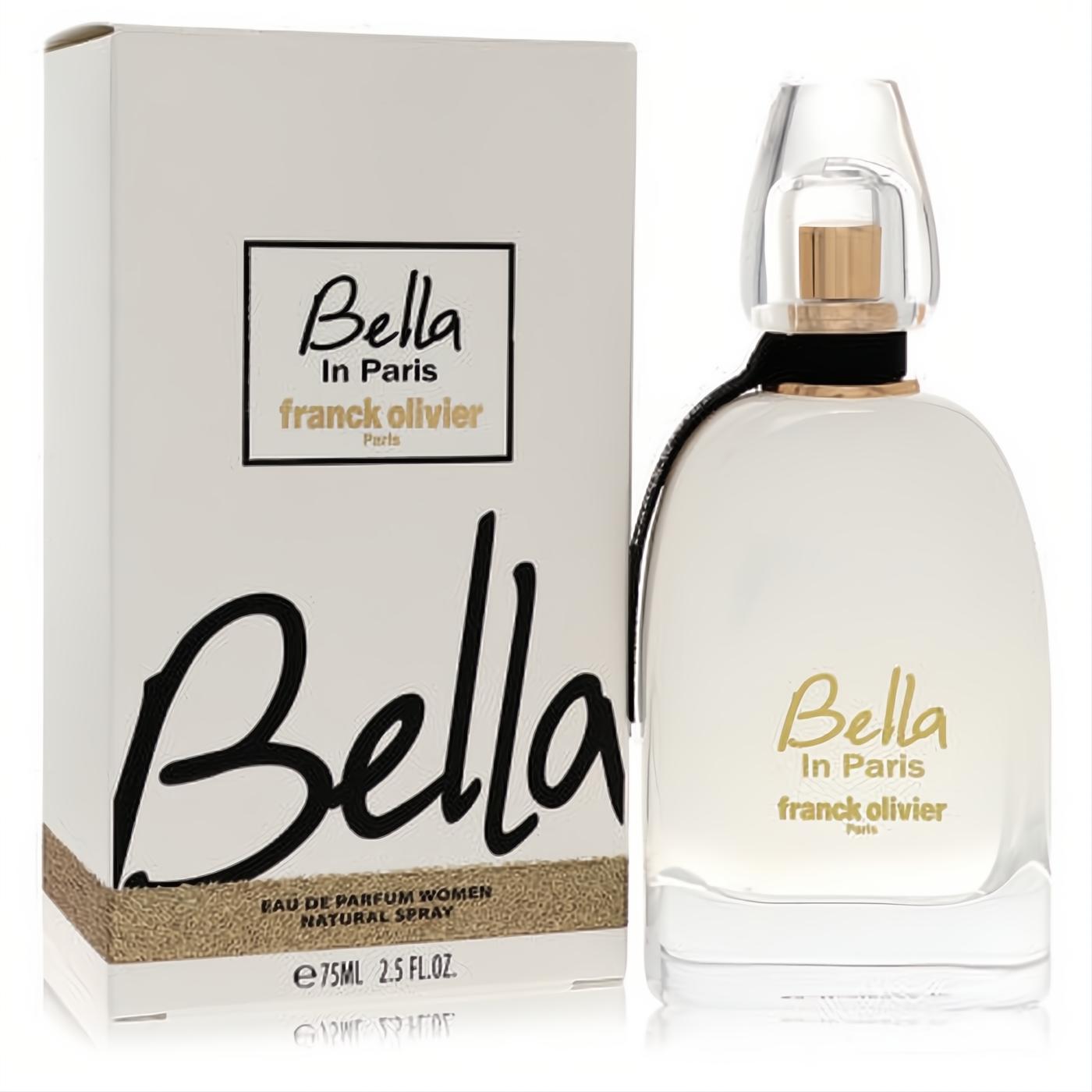 Franck Olivier Bella In Paris 2.5 oz EDP. Elegant white curved bottle, gold accents, clear cap, and chic black ribbon.