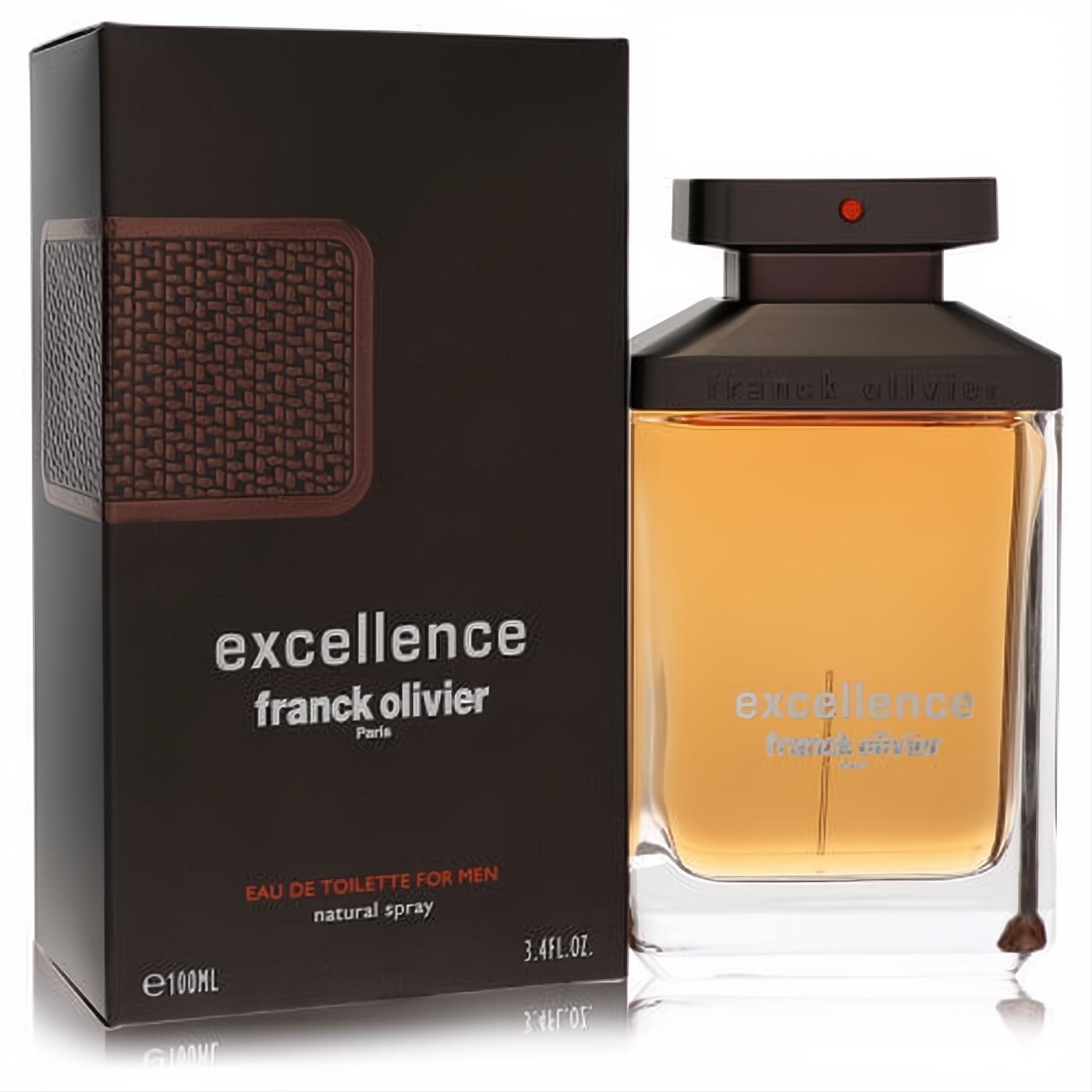 Franck Olivier Excellence 3.4 oz men's EDT. Golden liquid in a sleek clear bottle with dark cap, next to its elegant brown box.