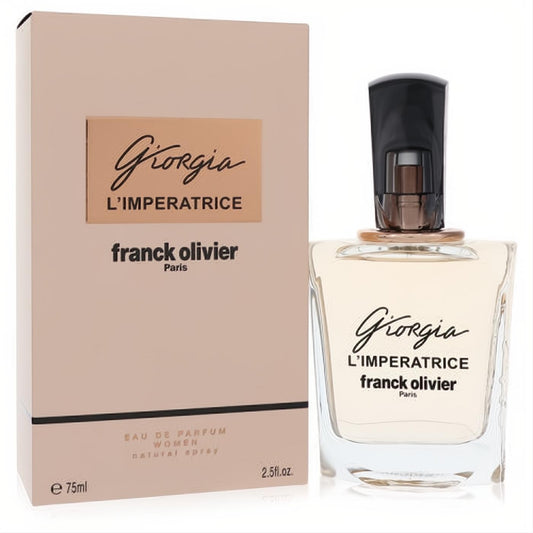 Elegant Franck Olivier Giorgio L'imperatrice 2.5 oz EDP spray in a clear glass bottle with black cap, beside its chic light pink box.