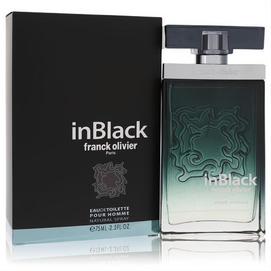 Franck Olivier In Black 2.5 oz men's EDT. Bold black gradient glass bottle with unique embossed swirl design and matching matte box.