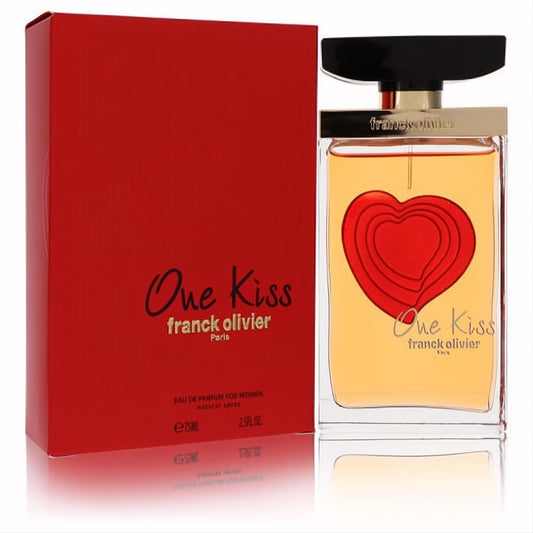 Franck Olivier One Kiss 2.5 oz women's EDP. Clear bottle with a bold red heart, gold accents, and matching red gift box.