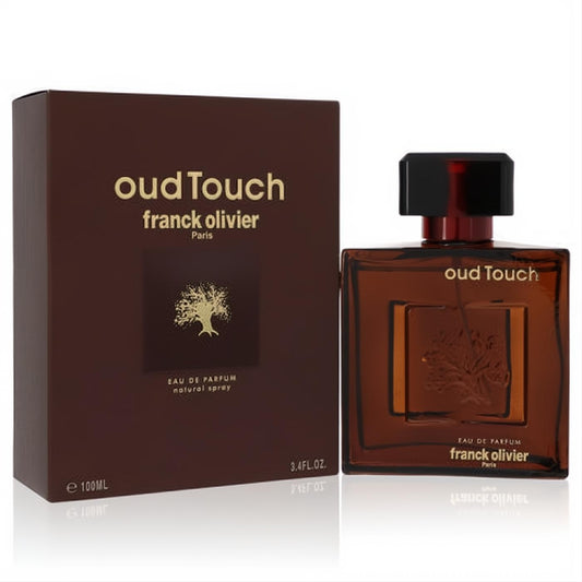 Luxurious Franck Olivier Oud Touch 3.4 oz men's Eau De Parfum. Dark brown bottle and box with elegant gold details and tree logo.