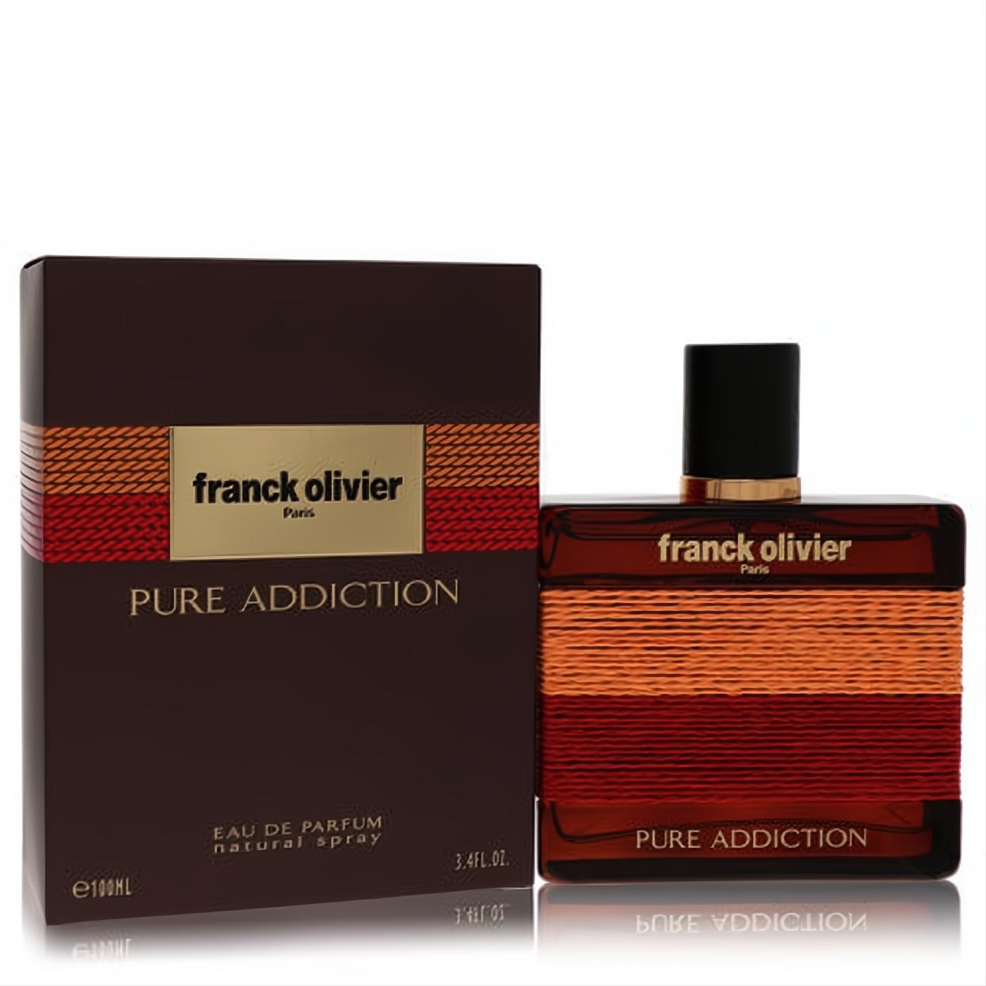 Captivating Franck Olivier Pure Addiction unisex EDP. Elegant 3.4 oz bottle features warm orange, red, brown stripes & matching box.
