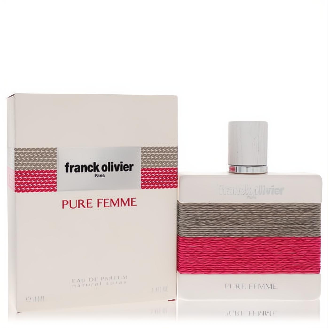 Franck Olivier Pure Femme 3.4 oz EDP spray: elegant cream bottle with vibrant pink woven band, wood-look cap, and matching box.