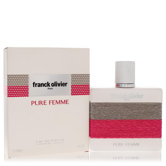 Franck Olivier Pure Femme 3.4 oz EDP spray: elegant cream bottle with vibrant pink woven band, wood-look cap, and matching box.