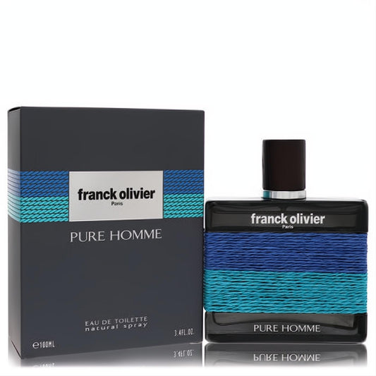 Franck Olivier Pure Homme 3.4 oz EDT spray. Bold black bottle and box with striking blue and teal striped design.