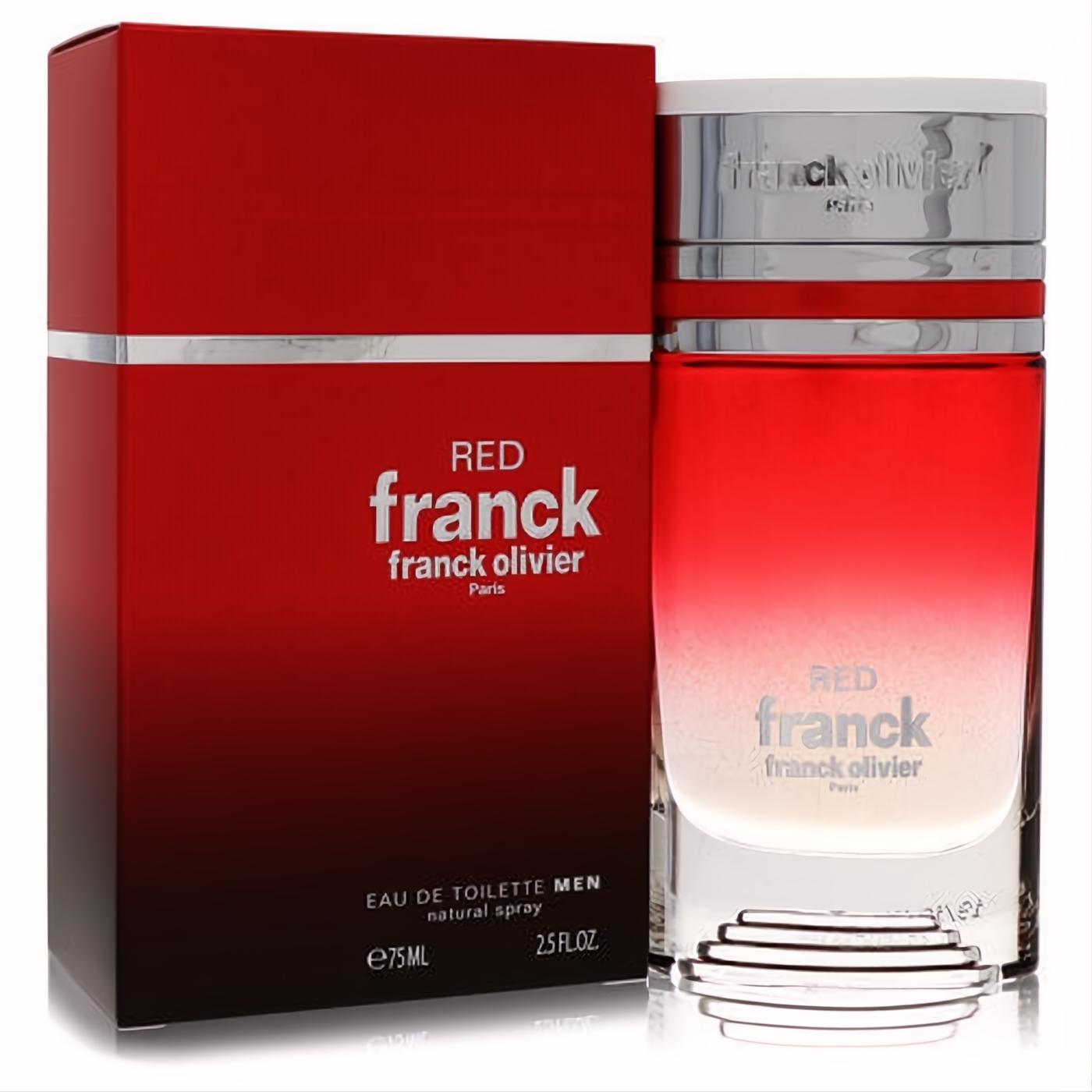Experience Red Franck Olivier Eau De Toilette 2.5 oz for men. Bold red gradient glass bottle with a sleek silver cap and matching box.
