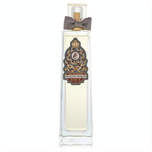 Rance Francois Charles 3.4 oz men's Eau De Parfum spray. Clear glass bottle, ornate gold and dark label, chic grey bow.