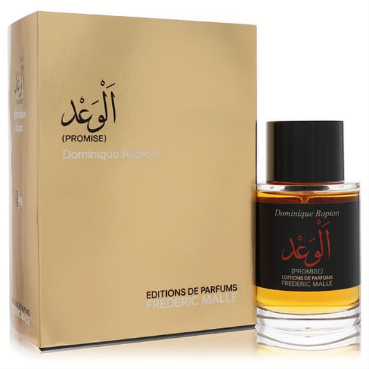 Frederic Malle Promise unisex parfum spray. Elegant gold box and clear bottle display the rich amber fragrance with Arabic calligraphy.