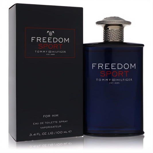 Tommy Hilfiger Freedom Sport 3.4 oz EDT. Bold navy bottle with textured silver cap, displayed next to its sleek black box.