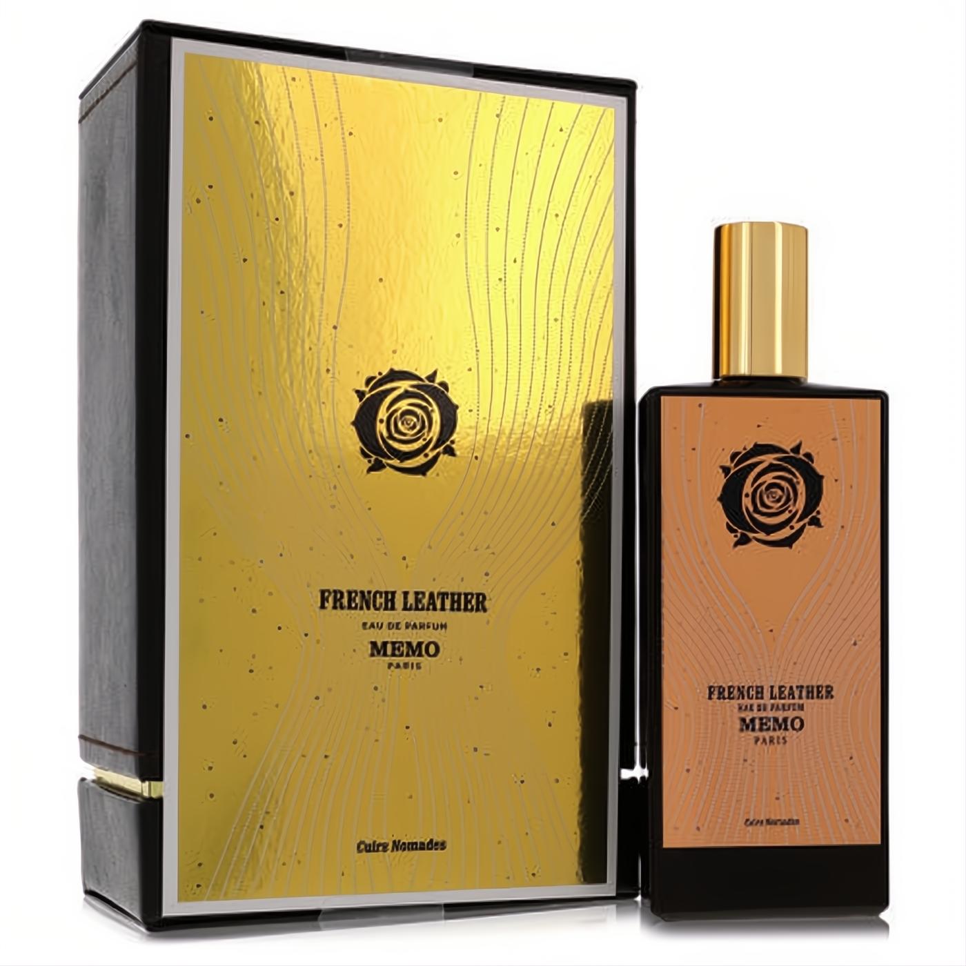 Memo French Leather 2.5 oz unisex EDP spray: luxurious amber bottle with gold cap & elegant gold-accented black box.