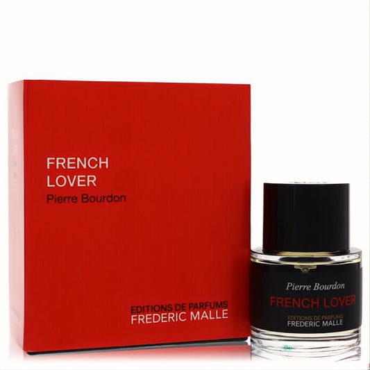 Frederic Malle French Lover 1.7 oz men's Eau de Parfum. Clear glass bottle, black cap, and bold red box. Elevate your scent.