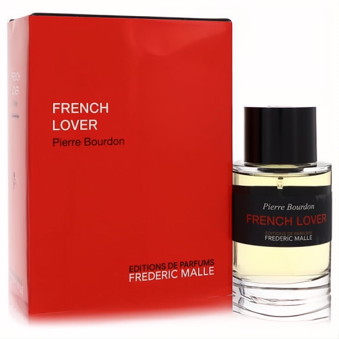Sophisticated Frederic Malle French Lover 3.4 oz EDP. Clear glass bottle with amber liquid, sleek black cap, next to its vibrant red luxury box.