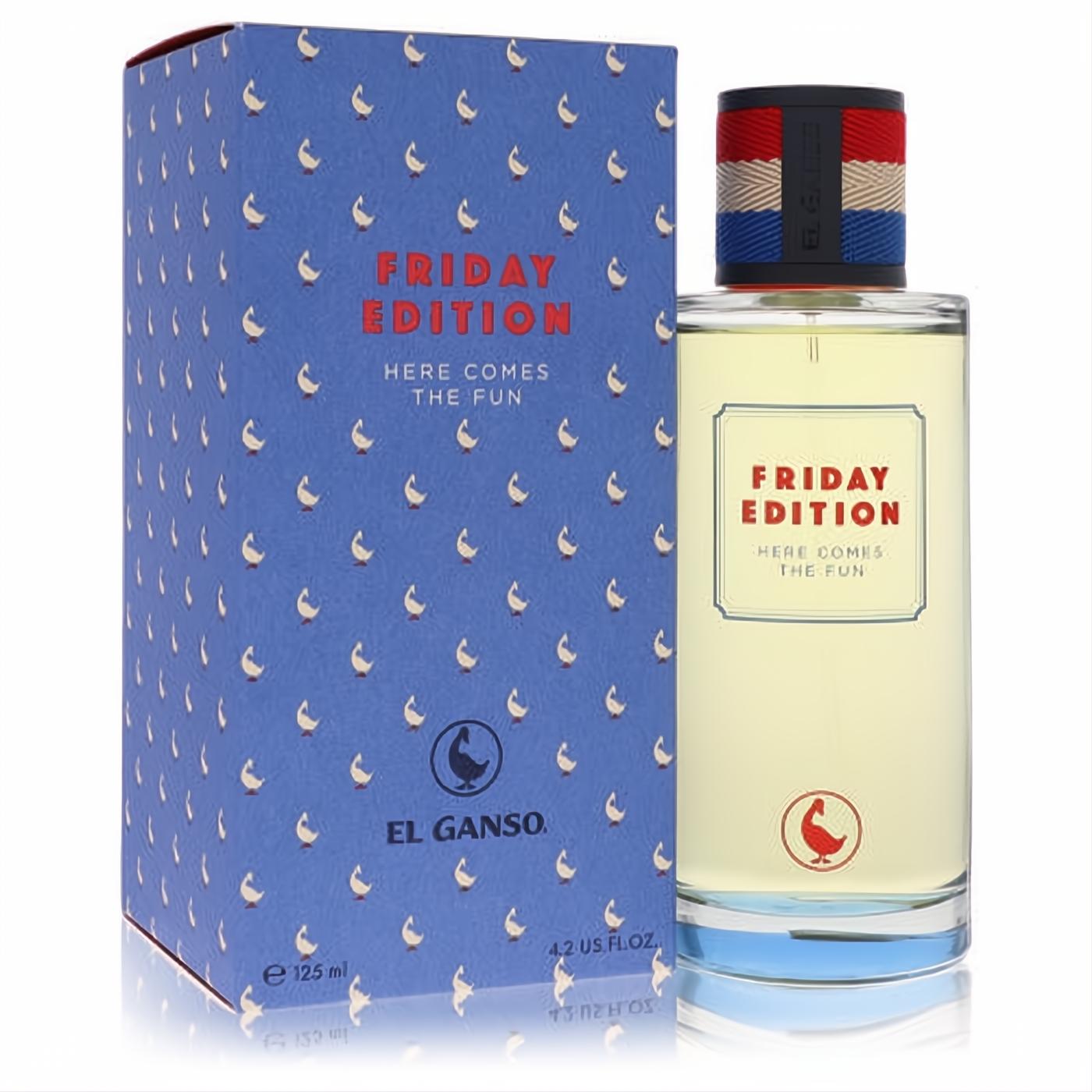 El Ganso Friday Edition 4.2 oz EDT. Clear glass bottle with red label, striped cap, and a vibrant blue goose-patterned box.