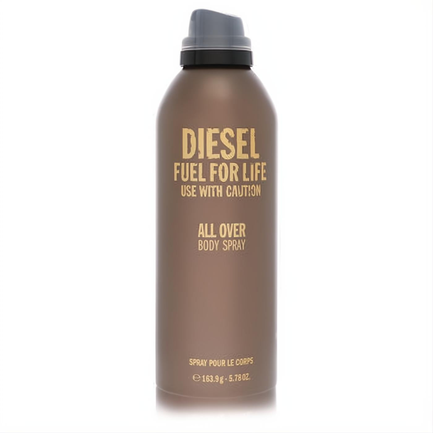 Elevate your scent with Diesel Fuel For Life 5.7 oz men's body spray. Matte bronze can, bold gold text, sleek dark grey cap.