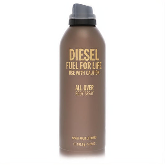 Elevate your scent with Diesel Fuel For Life 5.7 oz men's body spray. Matte bronze can, bold gold text, sleek dark grey cap.