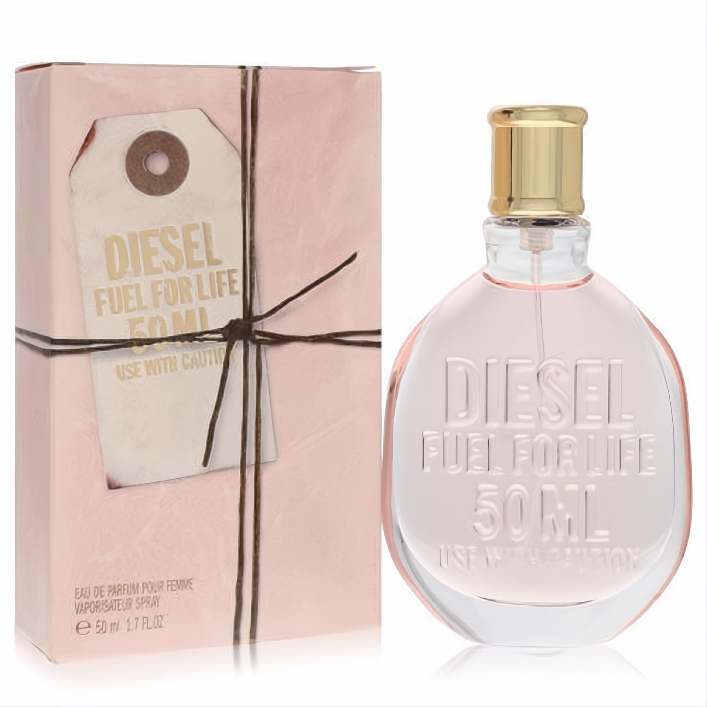 Diesel Fuel For Life 50ml Eau De Parfum. Clear glass bottle with soft pink liquid, gold cap, and its distinctive pink box with a tied tag.