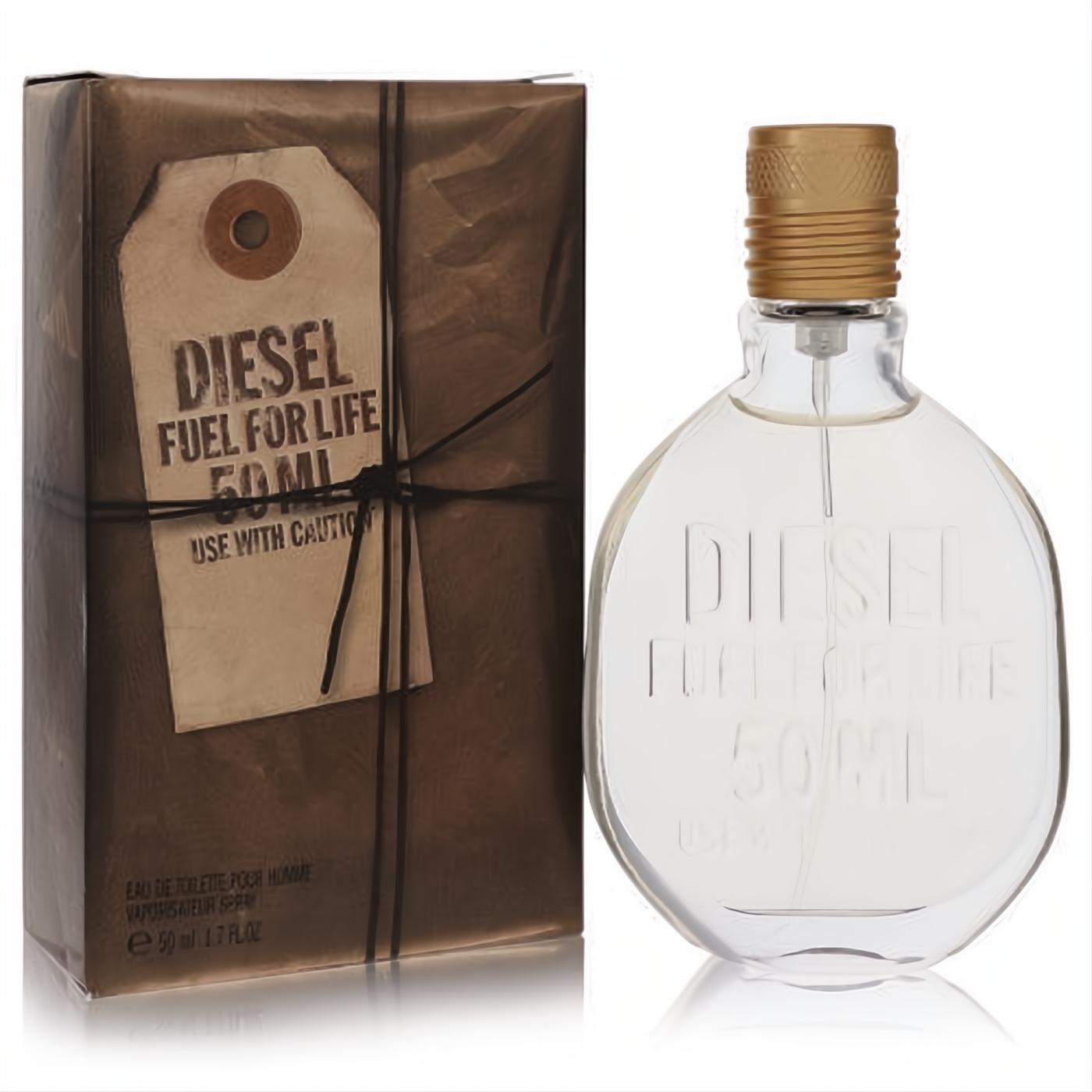 Diesel Fuel For Life 1.7 oz men's cologne. Clear glass bottle, gold cap, and unique rustic brown gift box.