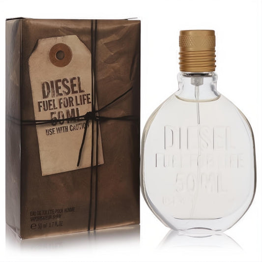 Diesel Fuel For Life 1.7 oz men's cologne. Clear glass bottle, gold cap, and unique rustic brown gift box.