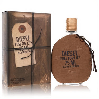 Unleash your spirit with Diesel Fuel For Life 75ml men's EDT. Features a unique brown canvas bottle, gold cap, and rustic packaging.